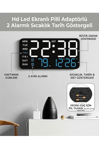 Hd Led Ekranlı Pilli Adaptörlü 2 Alarmlı Sıcaklık Tarih Göstergeli Mavi Beyaz Duvar Masa Saati Fonksiyonel Saat