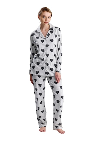 Kalp Desen Pamuk Kadın Pijama Takım Gri