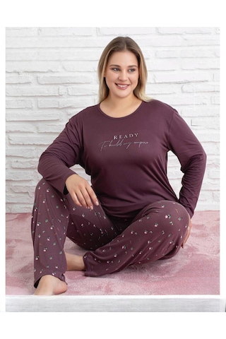 Pijamoni Kadın Milan Büyük Beden Bisiklet Yaka Uzun Kol İnce Pijama Takımı 7666/31 - 1 Adet Mürdüm