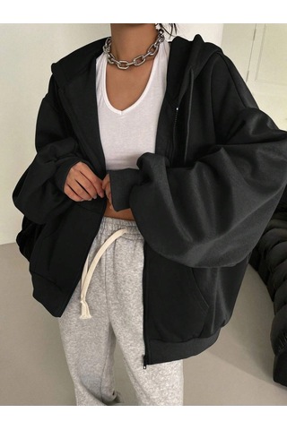 Relax&Basic Kapüşonlu Sweatshirt Kolye Ve Bere 3lü Kombin Siyah Siyah