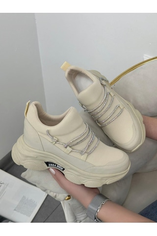 Erva'nın Butiği Bej Dore Kadın Gizli Topuklu Bağcıklı Sneakers-5263