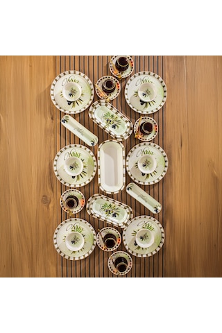 Perotti Olives 37 Parça Kahvaltı Takımı Kahvaltı Seti Çay Seti Beyaz - Yeşil