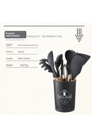 Symbee Ahşap Saplı 11 Parça Silikon Mutfak Gereçleri Seti - Anti Yapışkan, Isı Dayanıklı, Kolay Temizlenir, Gri Renkli Kova İle Tam Zamanlı Pişirme Araçları