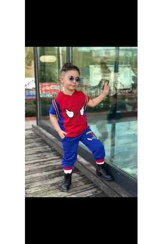 Erkek Çocuk Spiderman Baskılı Kapşonlu Çantalı Üçlü Takım Mavi