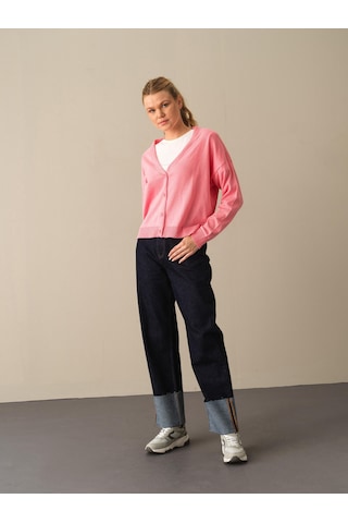 Xint Pembe Slim Fit Açık V Yaka Pamuk Hırka 850832