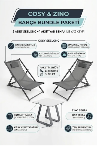 Missidea Bahçe Konfor Seti 2 Adet Yastıklı Katlanır Şezlong + Antrasit Yan Sehpa