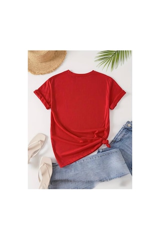 Herkesemoda Çiçek Baskı Detaylı Basic T-shirt Kırmızı