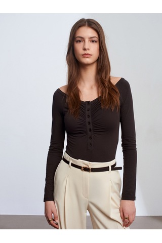 Dilvin 32661 Düğme Detaylı Bodysuit-koyu Kahve Koyu Kahve