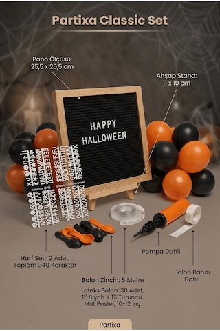Cadılar Bayramı Halloween Süsleme Classic Set Siyah Keçe Yazı Panosu Standlı Pompa Balon Zincirli Çocuk