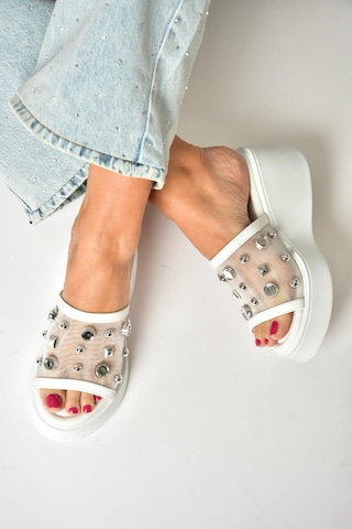 Fox Shoes U973622009 Beyaz Kalın Tabanlı Kadın Terlik Beyaz-suni Deri Beyaz