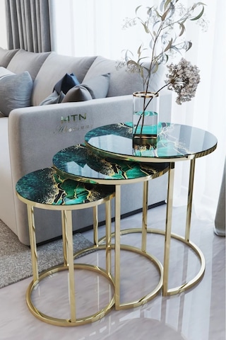 Ecol Desings Ecol Gold Metal Zigon Sehpa Yeşil Şimsek Siyah 'kırılmaz Cam' Gold Yeşil Siyah