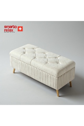 Smarto Relax Swiss Style Puf , Appenzell Kapitonesandıklı Puf, Babyface Kaplama, 110x40x45 Cm, Ahşap Ayaklı ,sandıklı Dekoratif Puf Bej Ekru