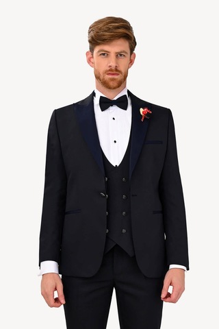 Ysf Erkek Lacivert Slim Fit Yelekli Çıkma Şal Yaka Damatlık