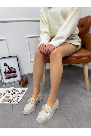 Bej Cilt Fiona Toka Detay Ortopedik Taban Kadın Loafer-5188 Bej