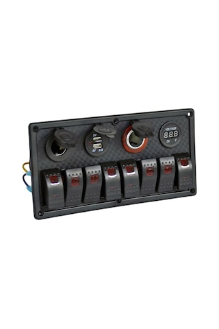 Carub Anahtar Switch Paneli 8 Lı Voltmetre + Usb + Çakmak Kırmızı Işıklı 23,5x12 Cm Br4630155