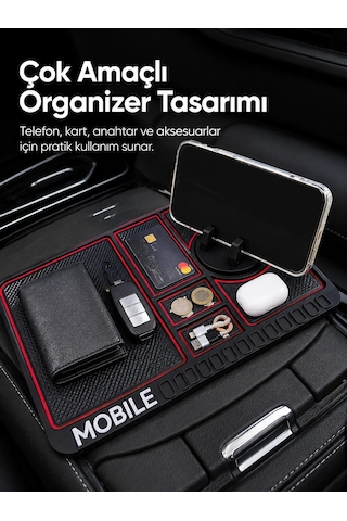 Araç İçi Kaydırmaz Organizer Mat Telefon Standlı Çok Amaçlı Konsol Düzenleyici