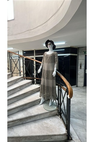 Eren Style İtalyan Sunshine İpek Detaylı Dantelli Elbise-9033 Vizon