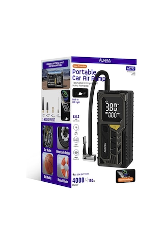 Auhma A7777 Taşınabilir Araç Lastik Hava Pompası 4000mah 150 Psı Dijital Ekranlı Kompresör Type-c