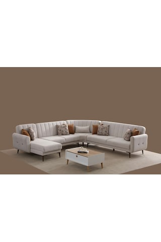 Bona Dinlenme+3+c Köşe+3 Köşe Takımı Bej Valebo-03 Ceviz Ayak Bej