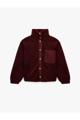 Koton Dik Yaka Fermuar Cep Detaylı Çıtçıt Düğmeli Oversize Peluş Ceket Bordo 6wal10088ık