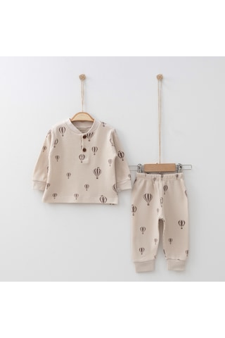 Balon Baskılı 2'li Takım Kahverengi - Krem