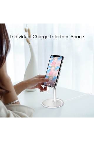 Kosona Alüminyum Standart Telefon Ve İpad Tutucu - 45 Derece Açı Ayarlı, Dürtüye Dayanıklı, Şarj Portu Erişimi - Gümüş