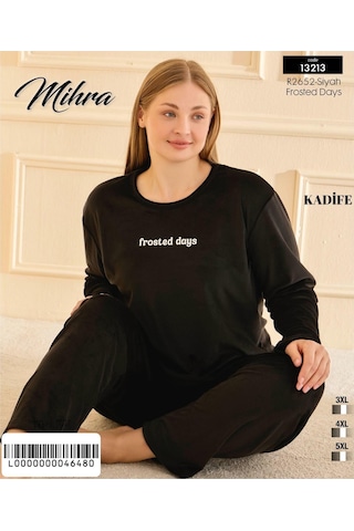 Mihra Kadın Kışlık Bisiklet Yaka Kadife Battal Pijama Takımı 13213s - 1 Adet Siyah
