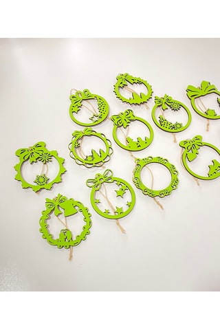 Ahşap 12 Adet Yılbaşı Ağacı Süsü Yeşil