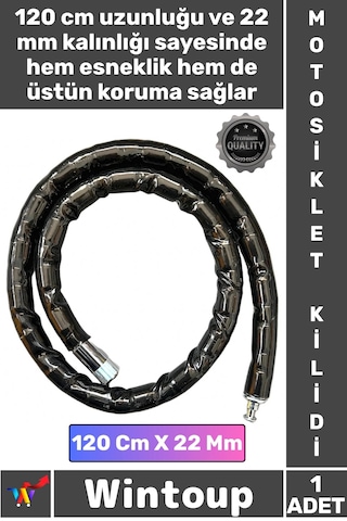 Kilit Çelik Zırhlı Güvenli Anahtarlı Körüklü Kalın Şık Siyah Boy 120 Cm Çap 22 Mm Motosiklet Kilidi