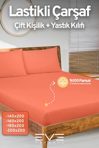 Eve Tekstil Pamuklu Çift Kişilik Rainforce Kumaş Lastikli Çarşaf Ve Yastık Kılıfı Set Yavruağzı
