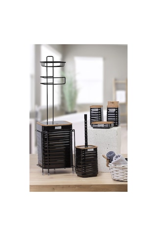 Okyanus Home Siyah Ahşap Desenli Luna Kare Yedekli Wc Kağıtlık Ve 6 Parça Banyo Seti