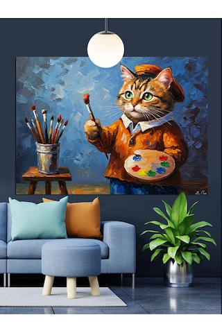 Ressam Kedi Fırça Tutuyor Dekoratif Kanvas - Mdf Ahşap Tablo