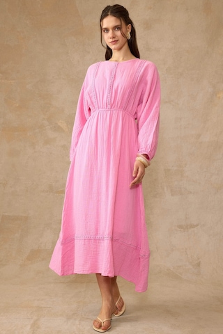 Olcay Şerit Detaylı Beli Lastikli Müslin Elbise Pembe 9453-e