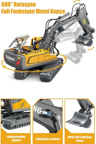 Işıklı Sesli Full Fonksiyon Metal Hareketli Kepçe 2.4ghz Uzaktan Kumandalı 680 Rotasyon Excavator
