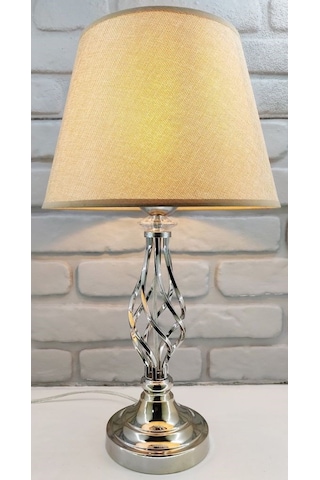 Gümüş Gri Rustik Burgulu Taşlı Metal Ayak Kahverengi Kumaş Abajur Krom