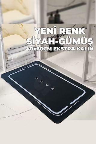 40x60 Ekstra Kalın Siyah Gümüş Kaymaz Banyo Paspası - Ultra Siyah - Gri