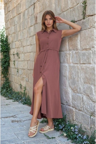 Kadın Uzun Aerobin Elbise Gömlek Yaka, Kolsuz, Kemerli, Yandan Cepli Yazlık-3762385 Gülkurusu