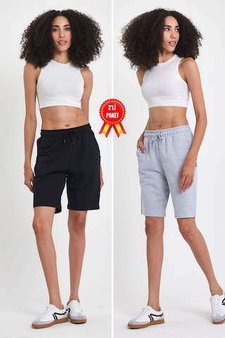 2'li Kadın Rahat Kesim Beli Lastikli Mevsimlik Yumuşak Kumaş Cepli Siyah-gri Uzun Bermuda Şort Siyah - Gri