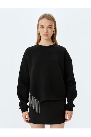 Koton Bisiklet Yaka Taş Detaylı Uzun Kollu Oversize Sweatshirt Siyah 5wal10771ık Siyah