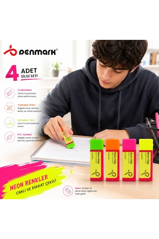 Penmark Neon Renk Silgi Seti 4 Adet Yumuşak Silgi Canlı Renkler