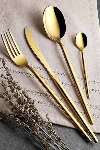 Avcı 1064 Amore Titanyum Parlak Gold Çatal Bıçak Kaşık Takımı 36 Parça Altın