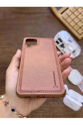 Samsung Galaxy A12 Uyumlu Premium Deri Dokulu Darbelere Karşı Dayanıklı Nazal Silikon Kılıf Kahverengi