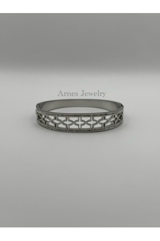 Arnes Jewelry Çelik Silver Zirkon Taşlı Kelepçe Bileklik Ar14 Silver