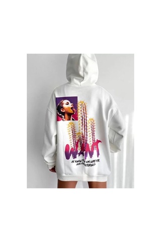 Butik İstanbul Baskılı Üç İplik Kapüşonlu Oversize Sweatshirt - Beyaz