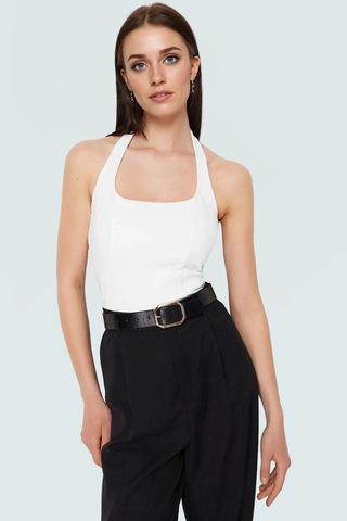 Ersefa Yazlık Crop Bluz Halter Yaka Scuba Krep Kumaş Fitted Kalıp Trend Beyaz