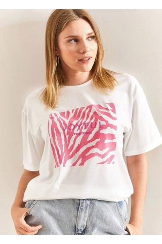 Baskılı Basic Bisiklet Yaka Örme T-shirt Önü Pembe