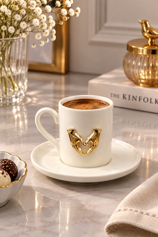 2 Kişilik Beyaz Porselen Gold Metal Kalp Figürlü Kahve Fincan Takımı Seti 100ml