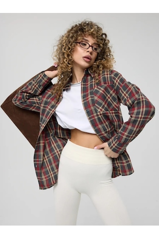 Uzun, Oversize Kareli Gömlek 377355034 Sivri Mor Melanj