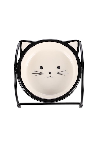 Flamingo Ansu Siyah Beyaz Kedi Kulaklı Standı Seramik Mama Kabı 230ml