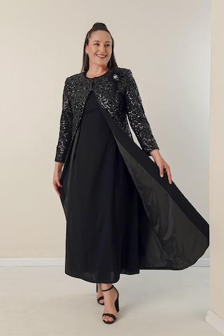 By Saygı Yarım Ay Kollu Uzun Krep Elbise Kolu Ve Önü Pulpayet Kaftan Astarlı Büyük Beden 2'li Takım-34854-siyah Siyah